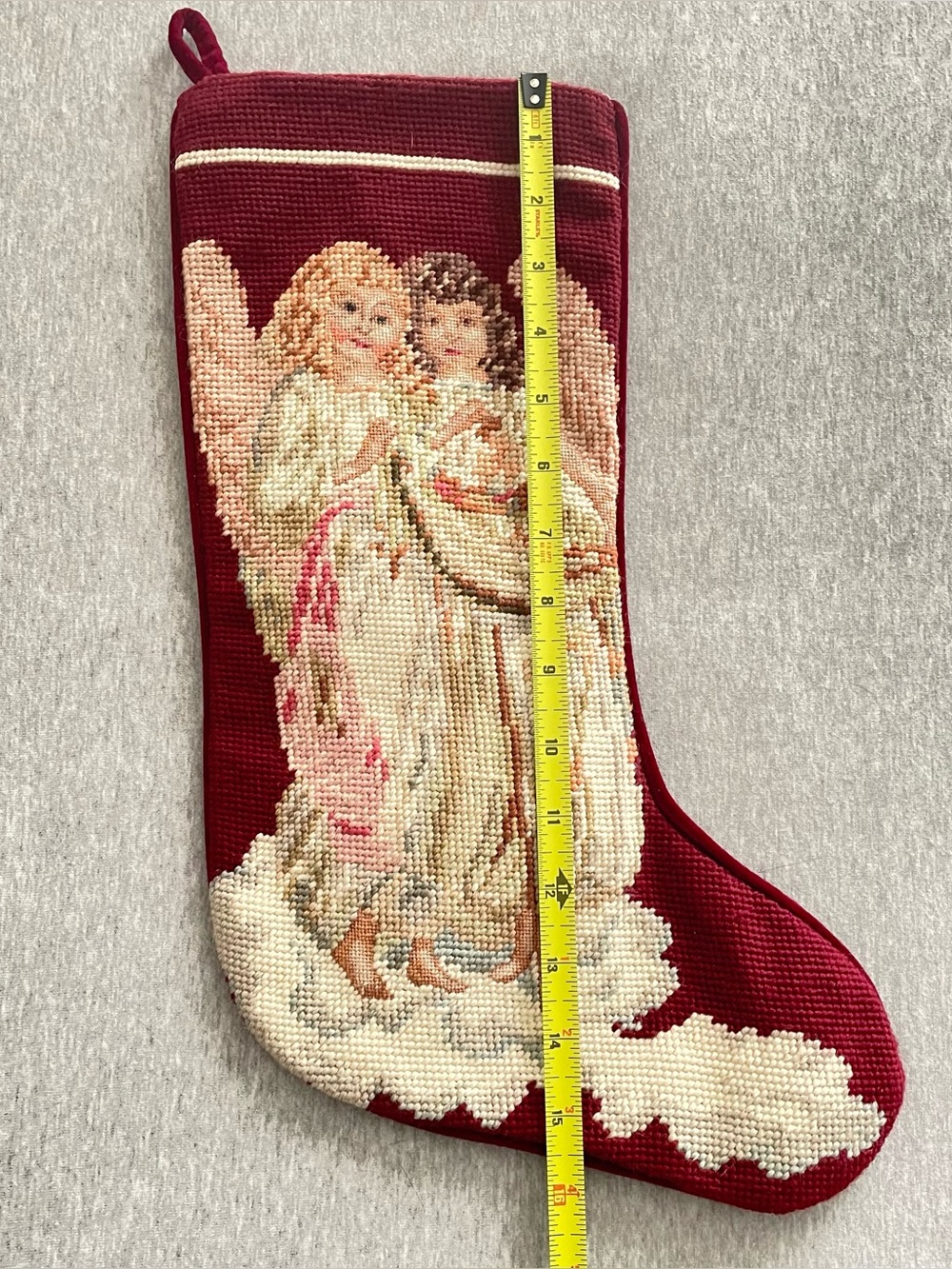 Imperial Elegance Vintage Red Angel Wool Needlepoint Christmas Stocking